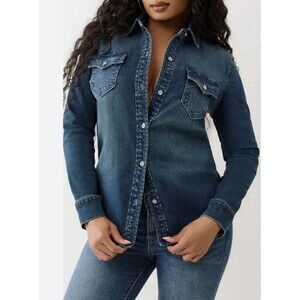 NWT True Religion GEORGIA LONG-SLEEVE DENIM WOMEN’S SHIRT Medium Logo Glitter